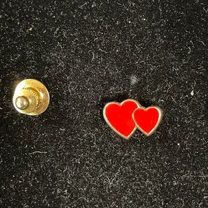 Red Cross Blood Donor Double Red Heart Shaped Enamel Lapel Hat Pin Brooch Vntg